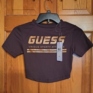 GUESS Metallic Logo Short Sleeve Crop Top NWT